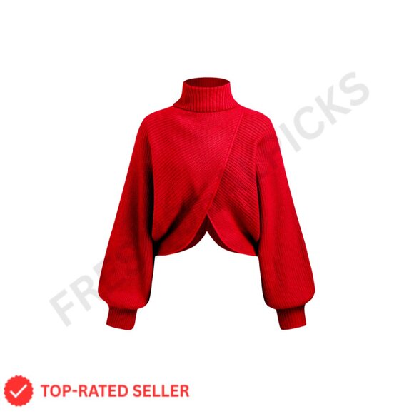 Sweaters - Cropped Turtleneck Sweater Long Sleeve Ribbed Knit Lantern Sleeve Pullover
